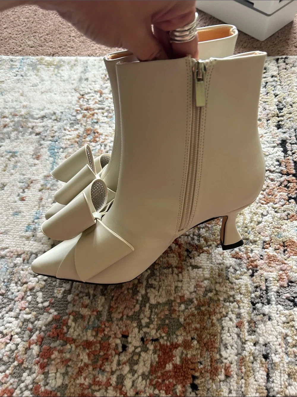 Bow-Trim Cream Pointed-Toe Ankle Booties